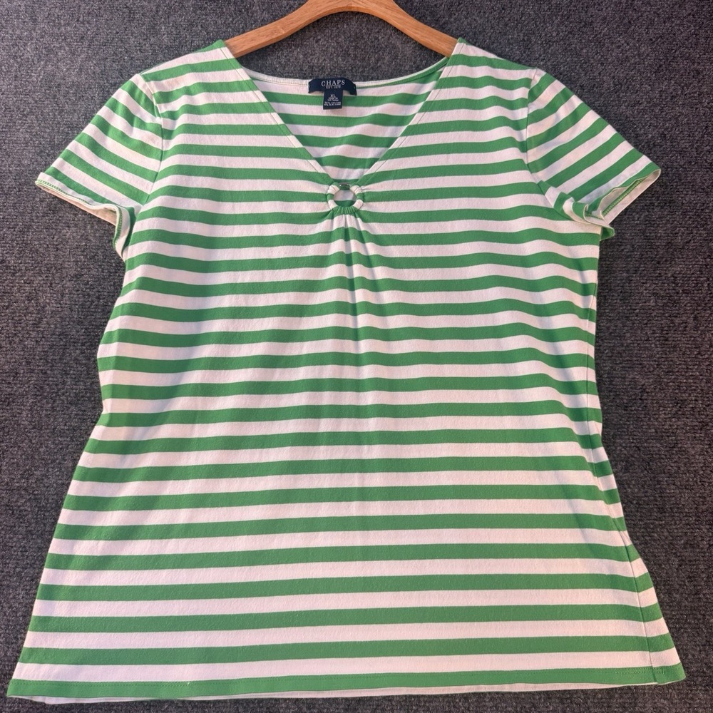 Chaps Womens XL Green White‎ Striped Ring Neck Stretch Knit Top